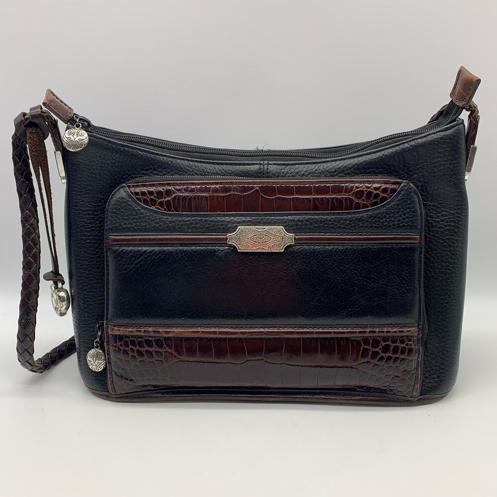 Brighton Black Pebbled Leather Crocodile Embossed Details Shoulder Handbag Purse